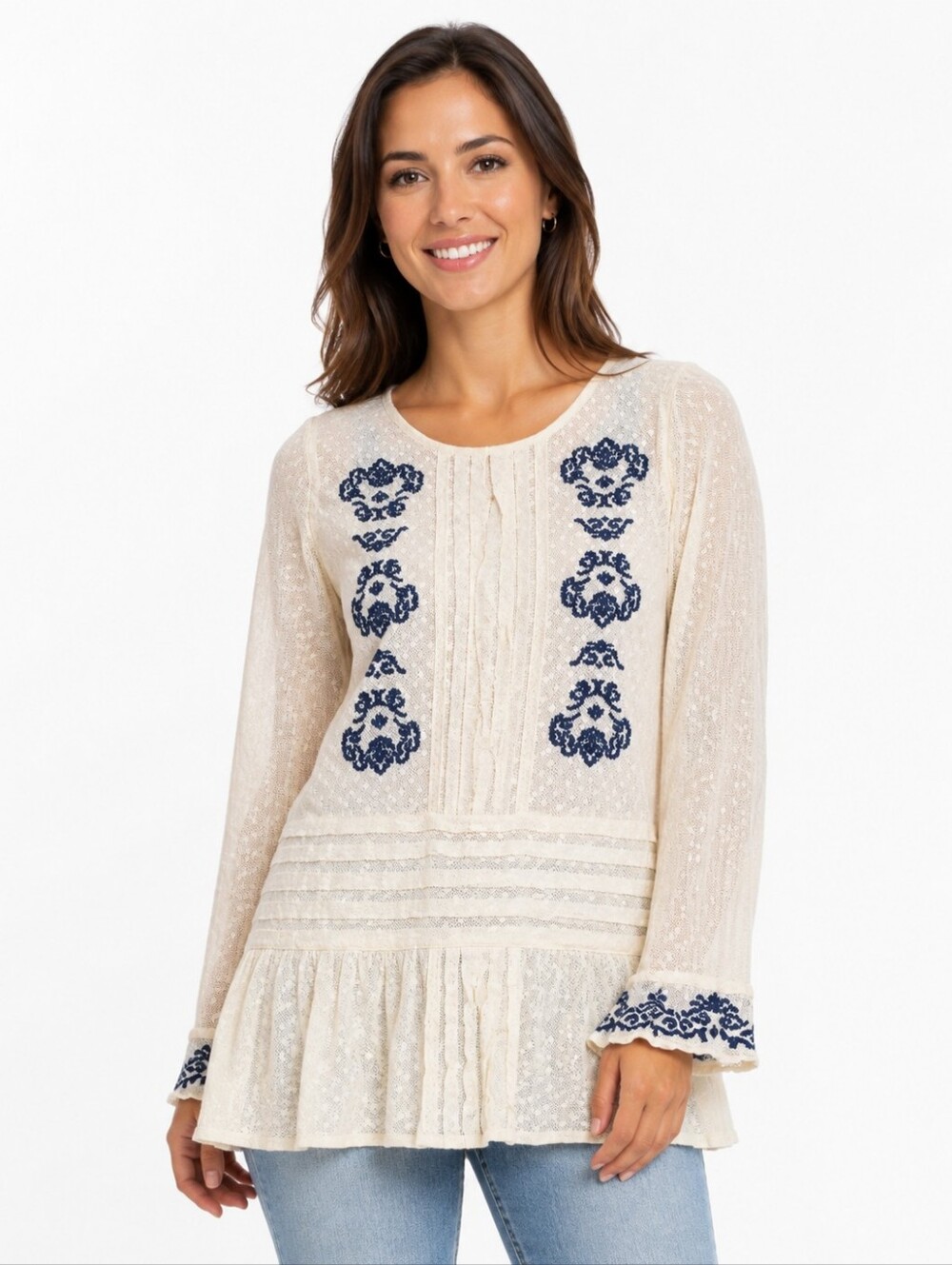 Free People Women’s Size M Ivory Lace Embroidered Boho Tunic Blouse